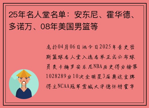25年名人堂名单：安东尼、霍华德、多诺万、08年美国男篮等