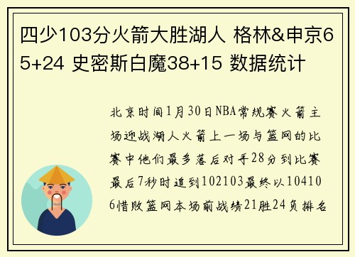 四少103分火箭大胜湖人 格林&申京65+24 史密斯白魔38+15 数据统计